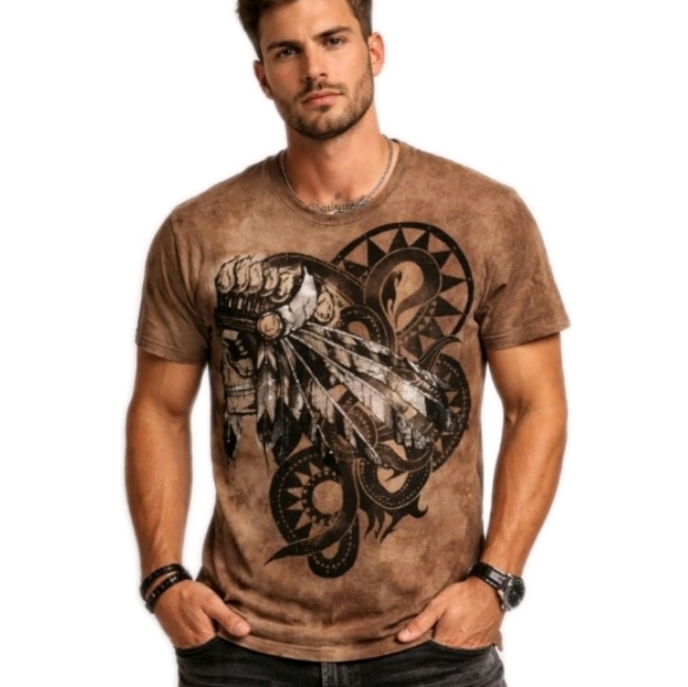 KONQUEST PLATINUM Indian Skull Print Embellished Tee in Brown TieDye In Med